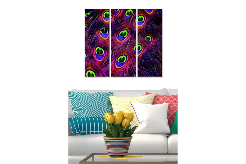Trælærredstryk 3-delt 50x70 cm - Farverige påfugleøjne i en abstrakt komposition, Lilla / Grøn / Blå