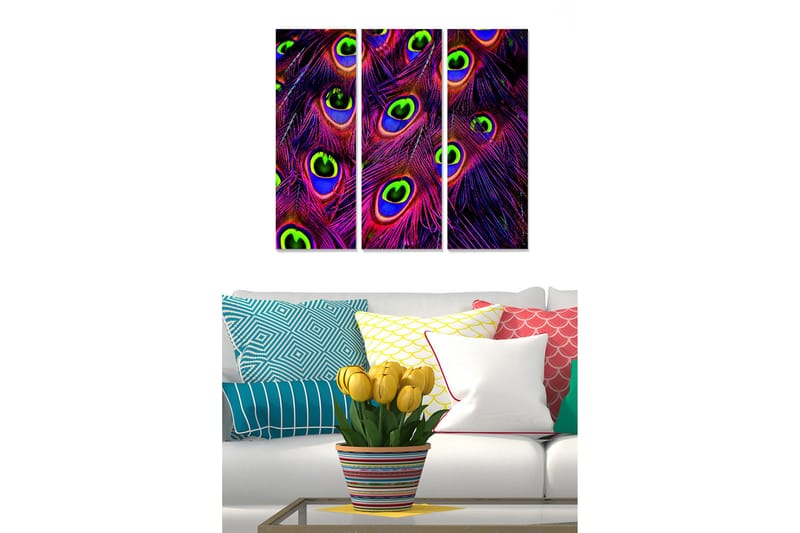 Trælærredstryk 3-delt 50x70 cm - Farverige påfugleøjne i en abstrakt komposition, Lilla / Grøn / Blå