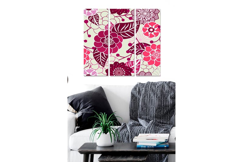 Trælærredstryk 3-delt 50x70 cm - Farverigt blomsterdesign med stiliserede blomster og blade, Mørkerød / Lys pink / Grøn