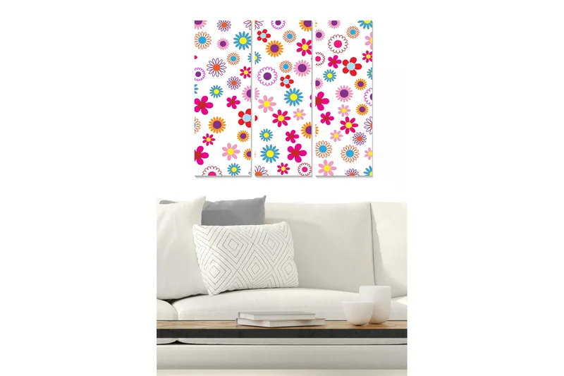 Trælærredstryk 3-delt 50x70 cm - Farverigt blomsterdesign med varierende blomster, Lyserød / Blå / Orange