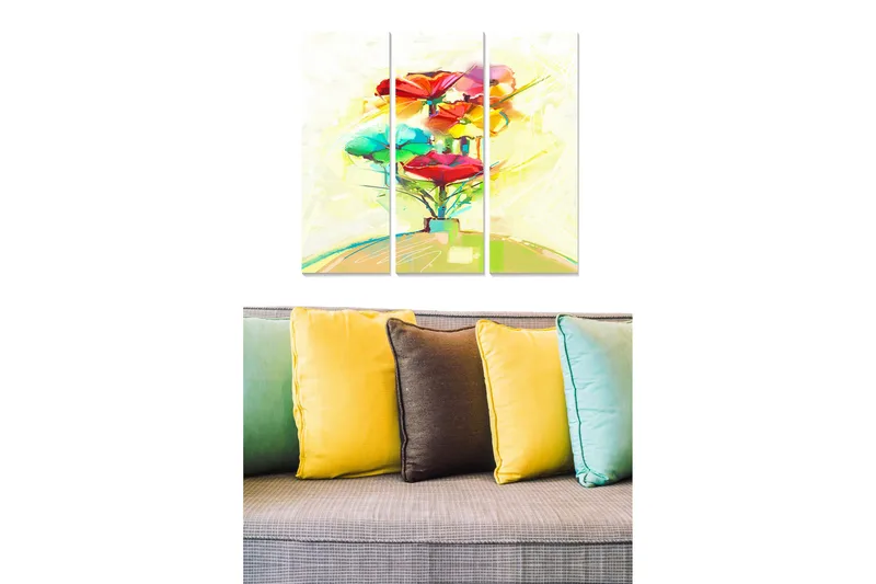 Trælærredstryk 3-delt 50x70 cm - Farverigt blomstertræ med store blomster i rødt og grønt, Rød / Grøn / Gul