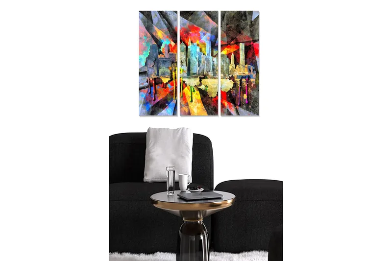 Trælærredstryk 3-delt 50x70 cm - Farverigt bybillede med abstrakte former og silhuetter af bygninger, Rød / Blå / Gul