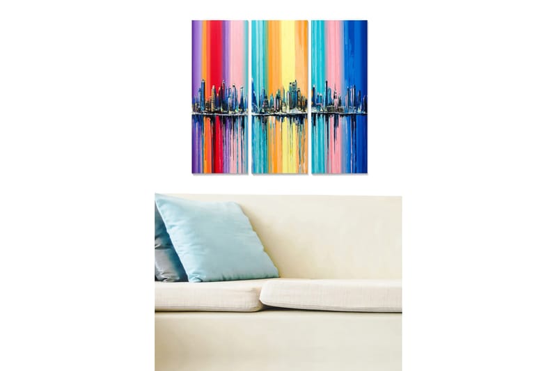 Trælærredstryk 3-delt 50x70 cm - Farverigt bybillede med horisontlinje og lodrette farvebånd, Blå / Lyserød / Orange