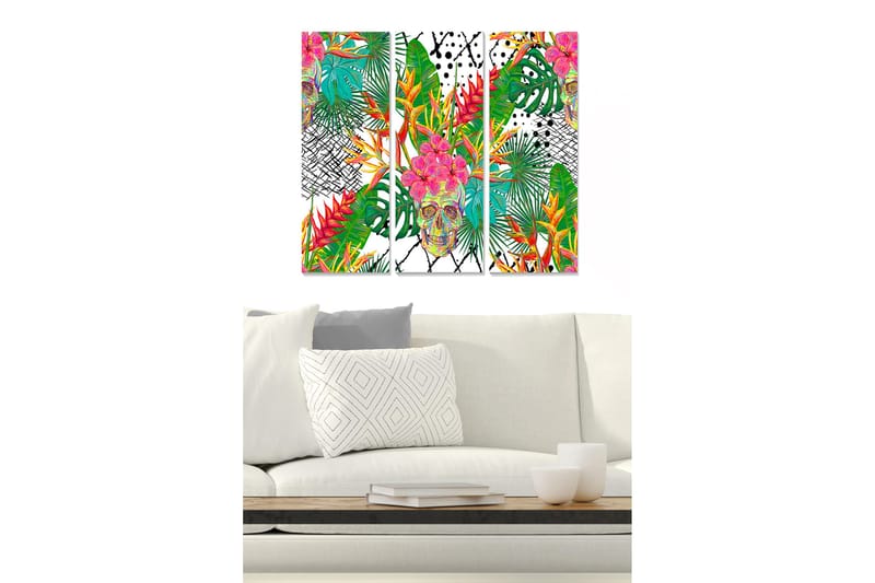 Trælærredstryk 3-delt 50x70 cm - Farverigt kranium omgivet af tropiske planter og blomster, Grøn / Lyserød / Gul