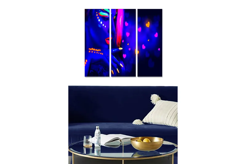 Trælærredstryk 3-delt 50x70 cm - Farverigt portræt af en kvinde med neonmakeup, Mørkeblå / Lyserød / Gul