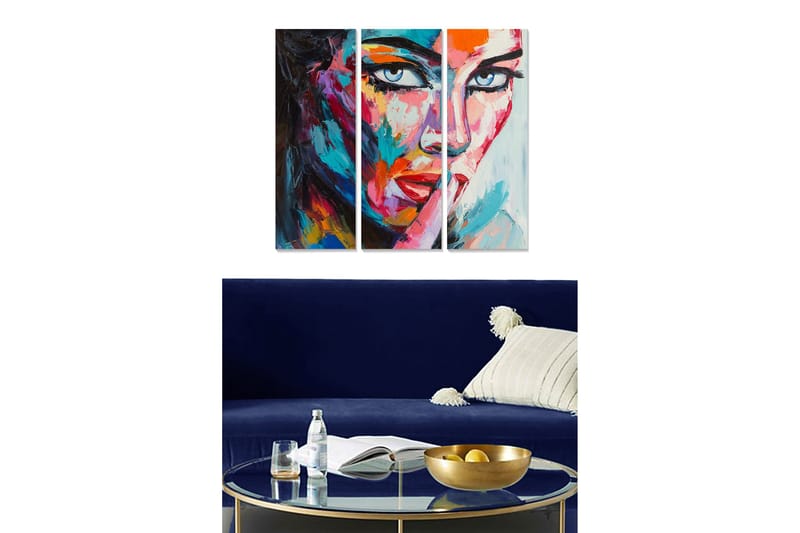 Trælærredstryk 3-delt 50x70 cm - Farverigt portræt af en kvinde med et udtryksfuldt blik, Blå / Rød / Orange