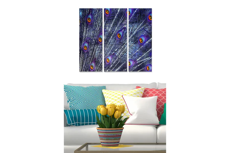 Trælærredstryk 3-delt 50x70 cm - Fjer med påfugleøjne i livlige farver, Lilla / Grøn / Guld