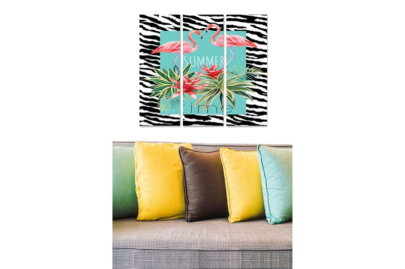 Trælærredstryk 3-delt 50x70 cm - Flamingoer omgivet af tropiske planter i en farverig komposition, Lyserød / Grøn / Sort