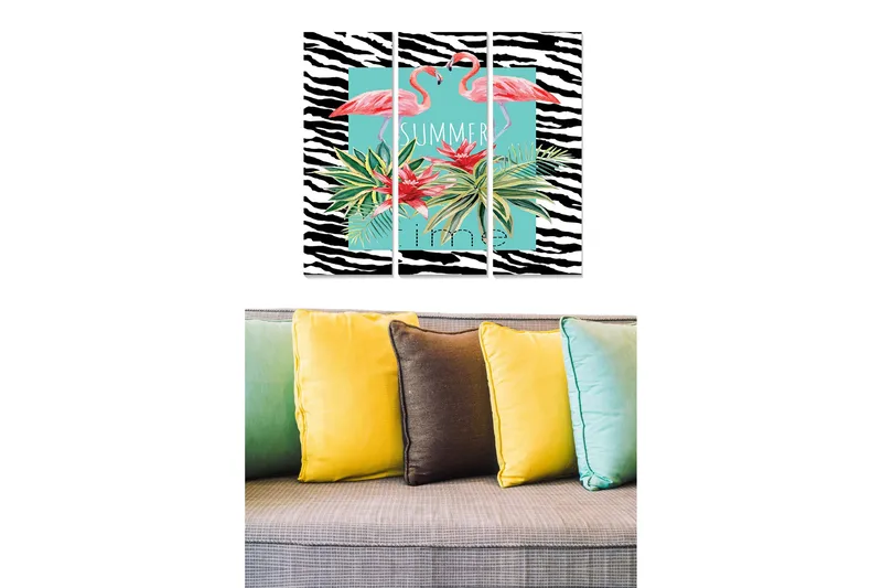 Trælærredstryk 3-delt 50x70 cm - Flamingoer omgivet af tropiske planter i en farverig komposition, Lyserød / Grøn / Sort