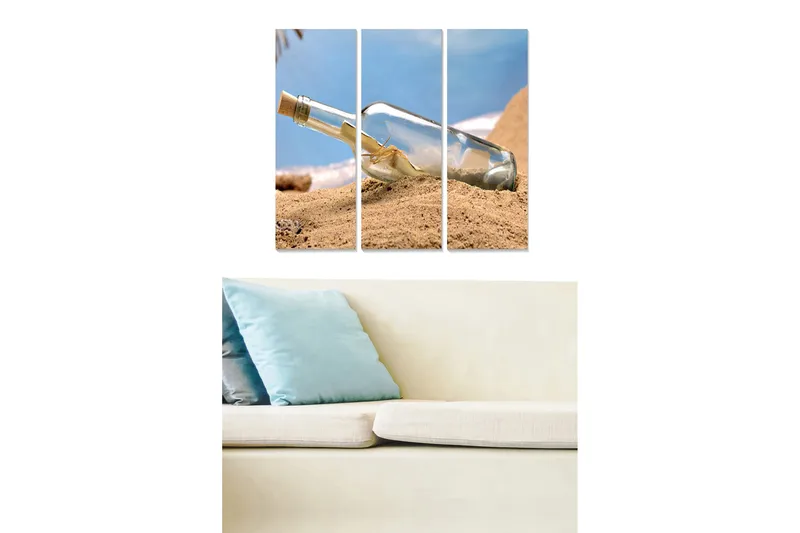 Trælærredstryk 3-delt 50x70 cm - Flaske med besked begravet i sandet, Blå / Beige / Gennemsigtig