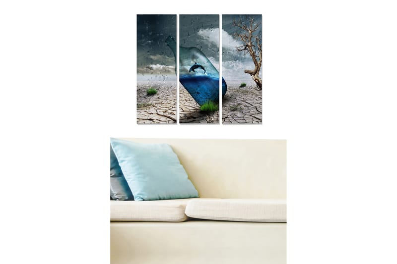 Trælærredstryk 3-delt 50x70 cm - Flaske med en delfin i et surrealistisk ørkenlandskab, Blå / Grå / Brun
