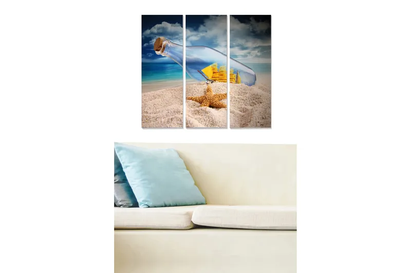 Trælærredstryk 3-delt 50x70 cm - Flaske med et sejlskib på en sandstrand, Blå / Beige / Gul