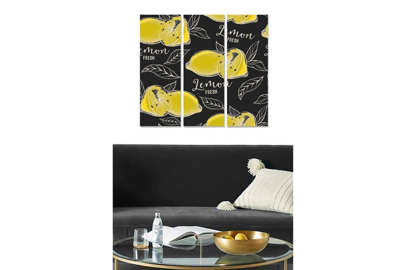 Trælærredstryk 3-delt 50x70 cm - Friske citroner med blade på en mørk baggrund, Gul / Sort