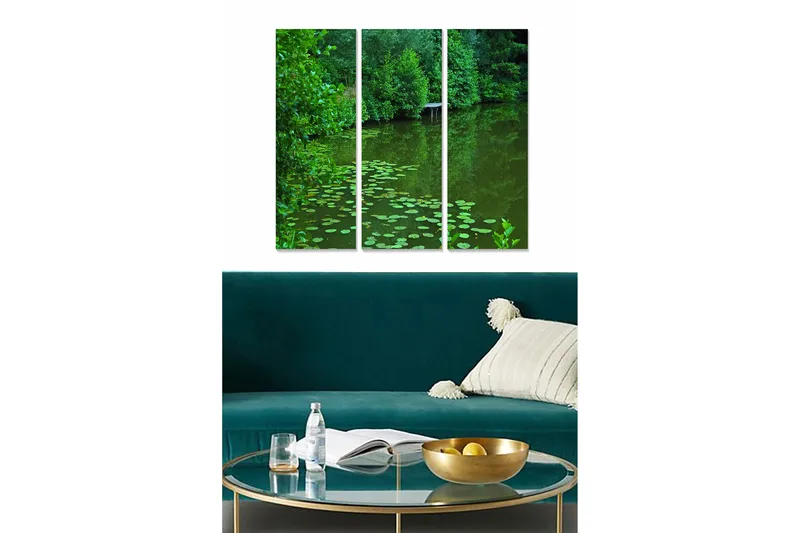 Trælærredstryk 3-delt 50x70 cm - Frodig sø med åkander, Mørkegrøn / Lysegrøn
