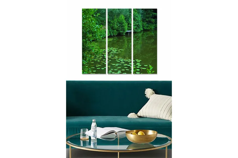 Trælærredstryk 3-delt 50x70 cm - Frodig sø med åkander, Mørkegrøn / Lysegrøn
