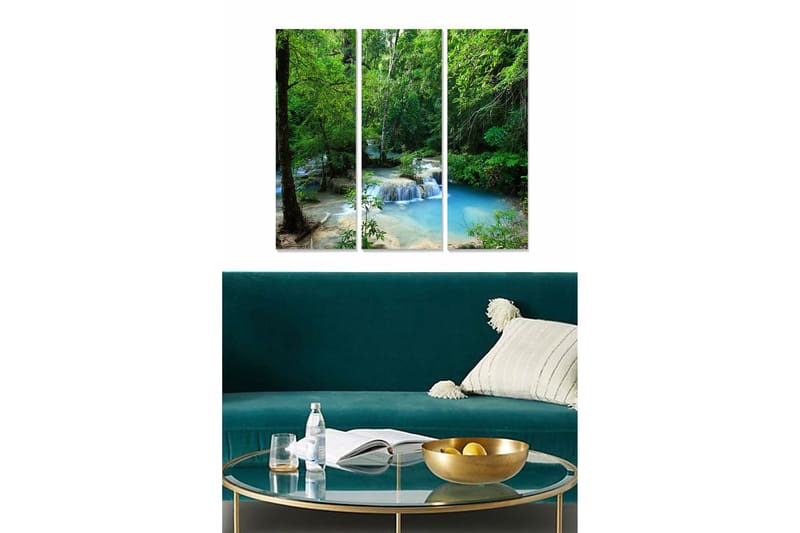 Trælærredstryk 3-delt 50x70 cm - Frodig skov med rislende vandfald, Grøn / Blå