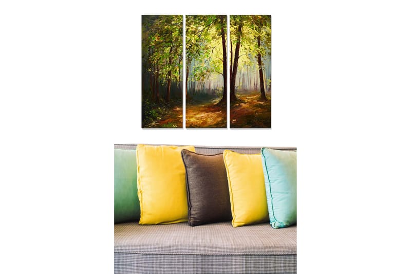 Trælærredstryk 3-delt 50x70 cm - Frodig skov med solstråler, der siver gennem træerne, Grøn / Brun / Gul