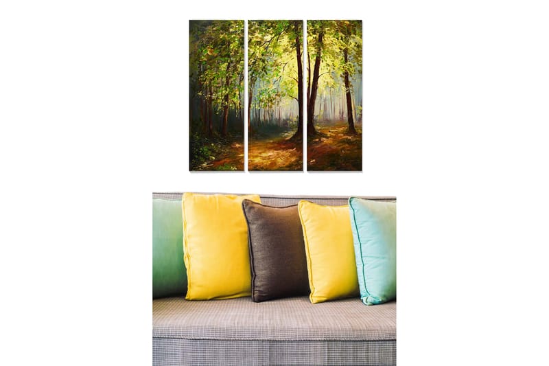 Trælærredstryk 3-delt 50x70 cm - Frodig skov med solstråler, der siver gennem træerne, Grøn / Brun / Gul