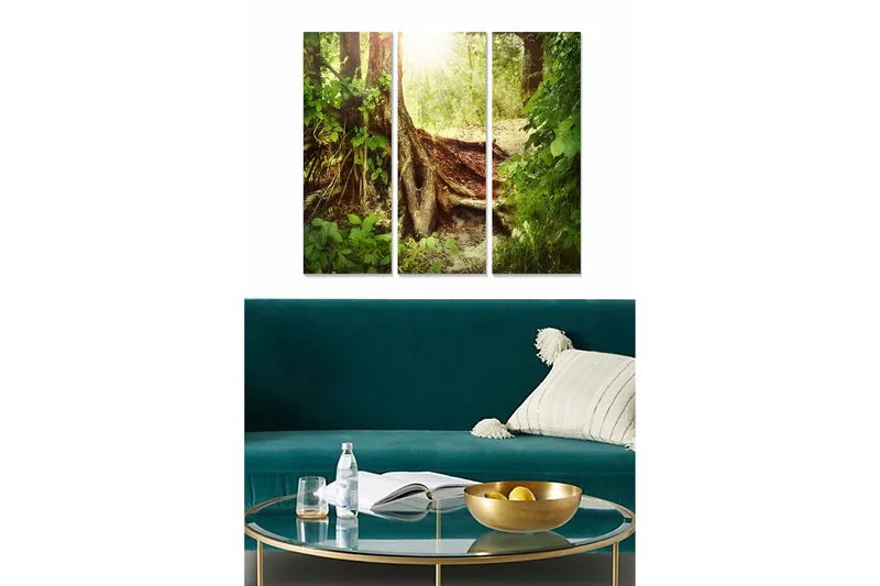 Trælærredstryk 3-delt 50x70 cm - Frodig skov med solstråler, der skinner gennem træerne, Grøn / Brun / Guld