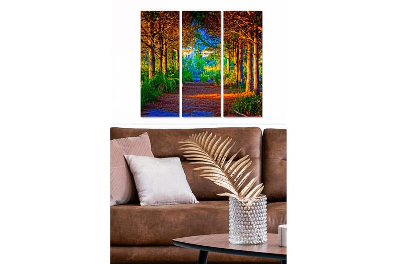 Trælærredstryk 3-delt 50x70 cm - Frodig skovsti med solbeskinnede træer og grønne områder - Grøn / Orange / Blå - Boligtilbehør - Billeder & kunst - Billeder på lærred