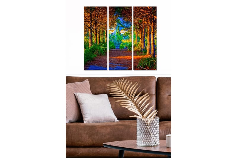 Trælærredstryk 3-delt 50x70 cm - Frodig skovsti med solbeskinnede træer og grønne områder, Grøn / Orange / Blå