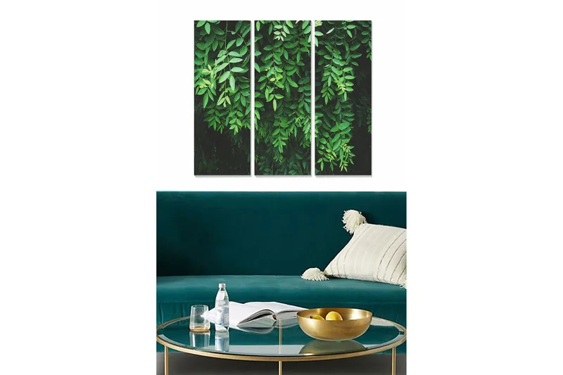 Trælærredstryk 3-delt 50x70 cm - Frodigt løv i en harmonisk komposition, Mørkegrøn / Lysegrøn