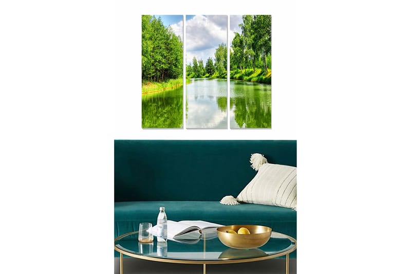 Trælærredstryk 3-delt 50x70 cm - Frodigt landskab med spejlblanke vandflader, Grøn / Blå / Hvid