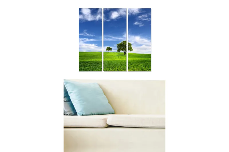 Trælærredstryk 3-delt 50x70 cm - Frodigt landskab med træer og blå himmel, Grøn / Blå