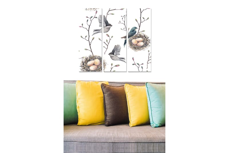 Trælærredstryk 3-delt 50x70 cm - Fugle bygger rede med æg i en grenstruktur, Grøn / Brun / Beige