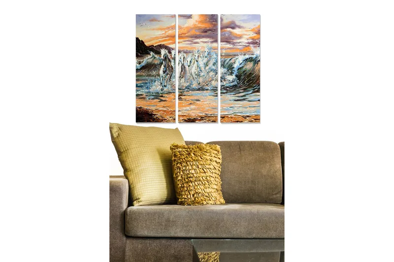 Trælærredstryk 3-delt 50x70 cm - Funklende heste galoperer gennem bølgerne, Blå / Hvid / Orange