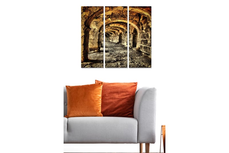 Trælærredstryk 3-delt 50x70 cm - Gamle buer i en stenet korridor - Guld / Grå / Brun - Boligtilbehør - Billeder & kunst - Billeder på lærred