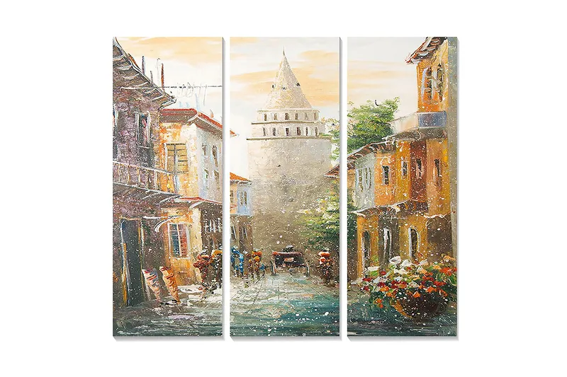 Trælærredstryk 3-delt 50x70 cm - Gammel by med historiske bygninger og en tårnlignende struktur i midten, Orange / Grøn / Blå