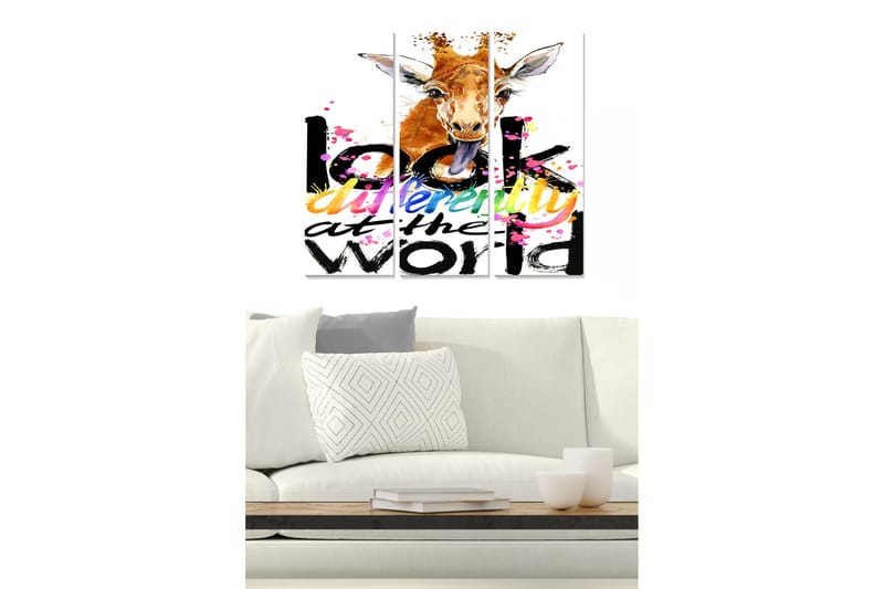 Trælærredstryk 3-delt 50x70 cm - Giraf med legende udtryk og farverig tekst, Orange / Sort / Lyserød