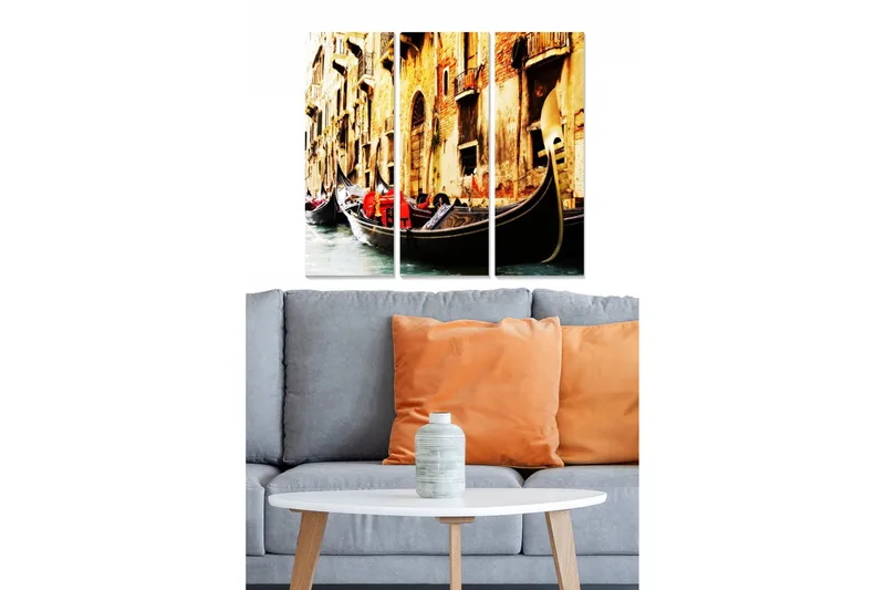 Trælærredstryk 3-delt 50x70 cm - Gondoler i en venetiansk kanal med farverigt tøj, Guld / Rød / Sort