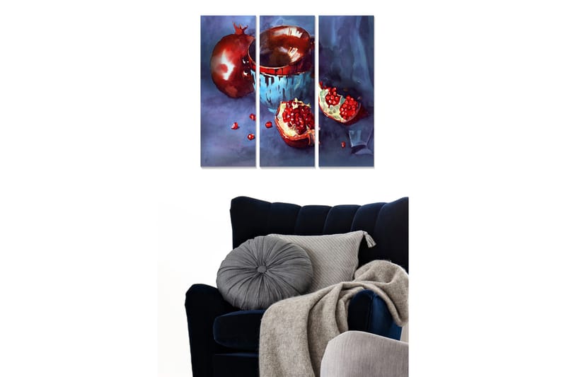 Trælærredstryk 3-delt 50x70 cm - Granatæble og skål i en rolig komposition, Rød / Blå / Hvid