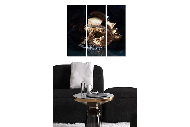 Trælærredstryk 3-delt 50x70 cm - Guldmaske med indviklede detaljer og en mystisk fornemmelse, Guld / Sort / Mørkeblå