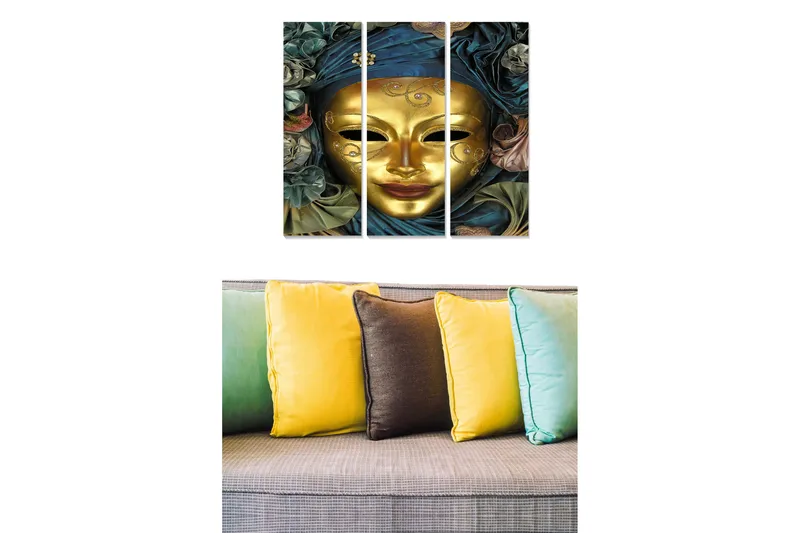 Trælærredstryk 3-delt 50x70 cm - Guldmaske omgivet af farverige tekstiler og blomster, Guld / Mørkeblå / Grøn