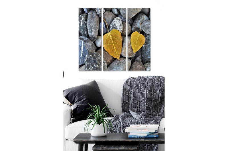 Trælærredstryk 3-delt 50x70 cm - Gule blade på en baggrund af grå sten, Grå / Gul
