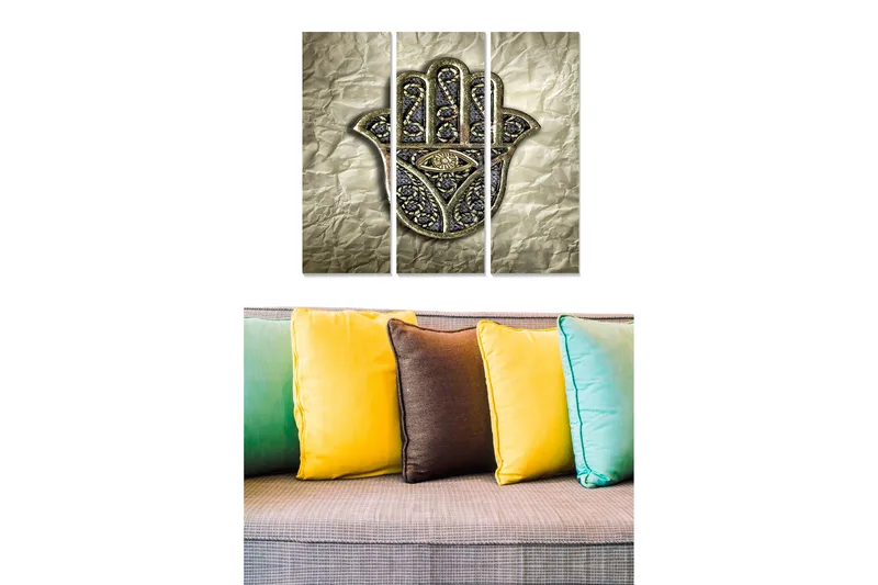 Trælærredstryk 3-delt 50x70 cm - Hånd med øje i dekorativ stil, Guld / Sort / Grå