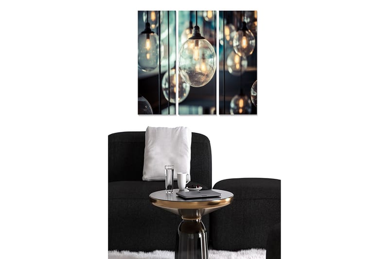 Trælærredstryk 3-delt 50x70 cm - Hængende pærer i en moderne komposition, Klart glas / Sort / Guld