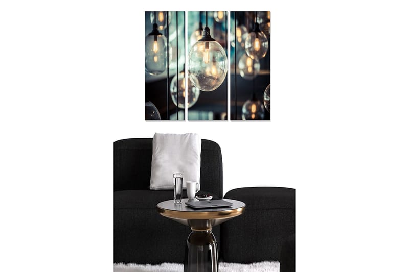 Trælærredstryk 3-delt 50x70 cm - Hængende pærer i en moderne komposition, Klart glas / Sort / Guld