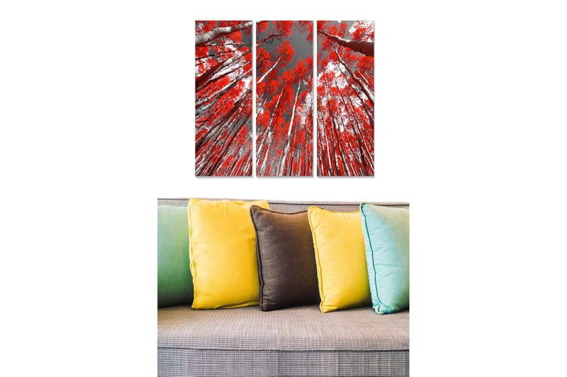 Trælærredstryk 3-delt 50x70 cm - Høje træer med brændende røde blade mod en grå himmel, Rød / Grå