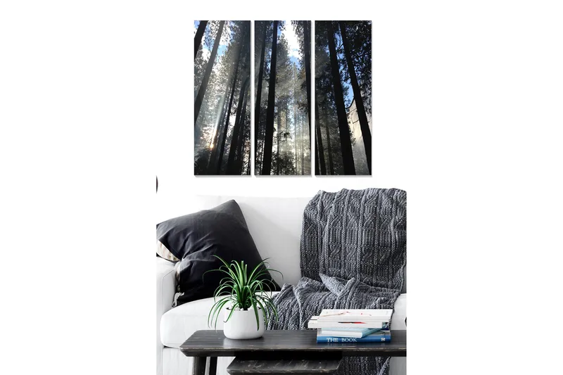 Trælærredstryk 3-delt 50x70 cm - Høje træer strækker sig mod en tåget himmel, Mørkegrøn / Sort / Lyseblå