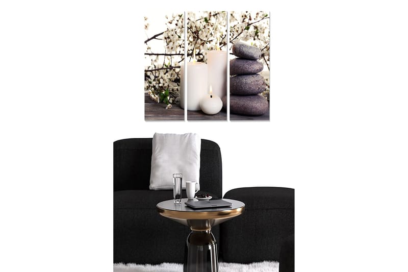 Trælærredstryk 3-delt 50x70 cm - Harmonisk komposition af blomster, stearinlys og sten, Hvid / Grå / Mørkelilla