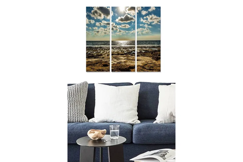 Trælærredstryk 3-delt 50x70 cm - Havudsigt med solrefleksioner og skyer på himlen, Blå / Beige / Grå