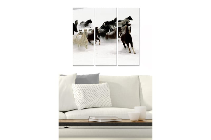 Trælærredstryk 3-delt 50x70 cm - Heste galoperer gennem sneen, Hvid / Sort / Brun