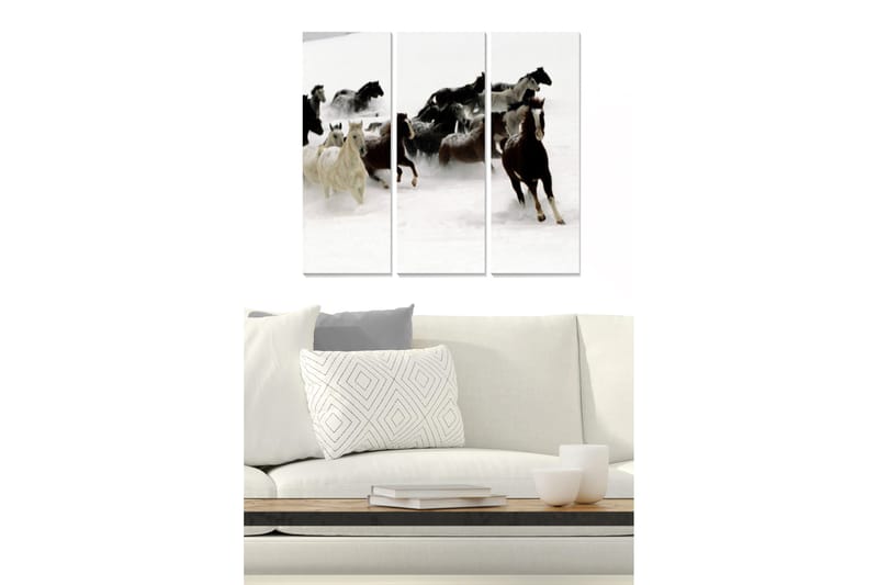 Trælærredstryk 3-delt 50x70 cm - Heste galoperer gennem sneen, Hvid / Sort / Brun