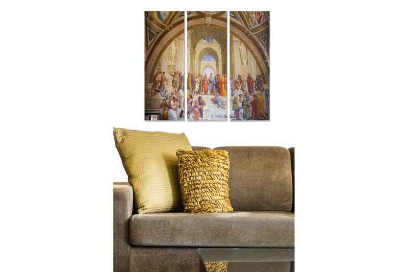 Trælærredstryk 3-delt 50x70 cm - Historisk scene med en samling af filosoffer og tænkere i en stor sal, Beige / Rød / Blå