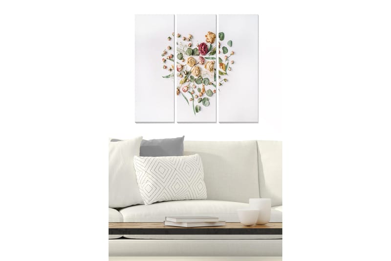 Trælærredstryk 3-delt 50x70 cm - Hjerteformet komposition af tørrede blomster og grønne blade, Lyserød / Grøn / Beige