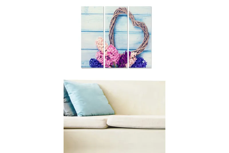 Trælærredstryk 3-delt 50x70 cm - Hjerteformet krans af grene med farverige blomster i lyserøde og lilla nuancer, Lyserød / Lilla / Blå